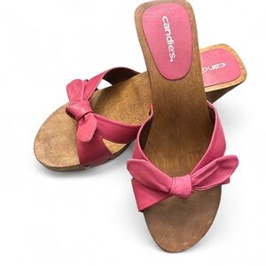 VTG Candie’s Pink Bow Wooden Slip-On Mules Heels Y2K Sandals Women’s Size 9